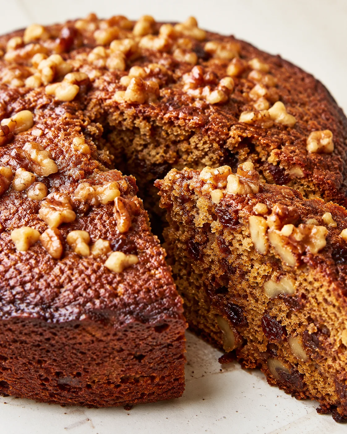 Close-up of walnut-topped banana cake with a slice removed, showing dense crumb.