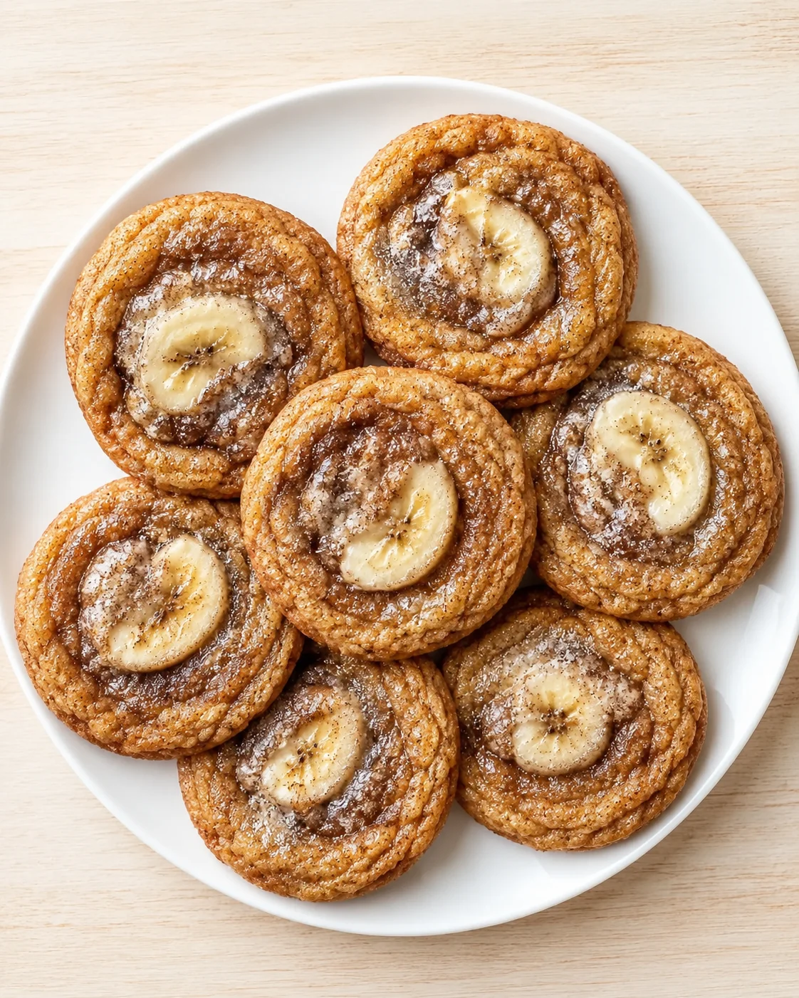 plate of banana-centered swirl cookies on a light wooden surface
