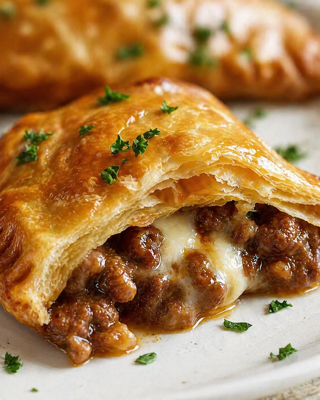 Golden puff pastry turnover filled with beef and melted cheese, garnished with parsley on a white plate.