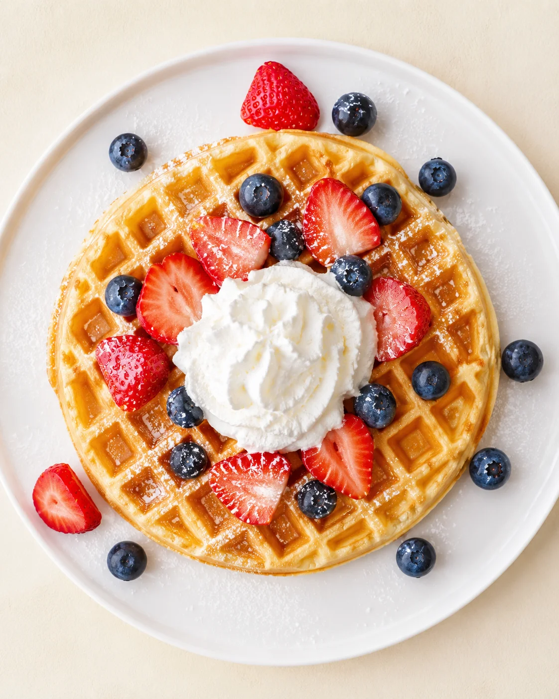 Golden waffle topped with whipped cream and fresh strawberries and blueberries on a white plate.