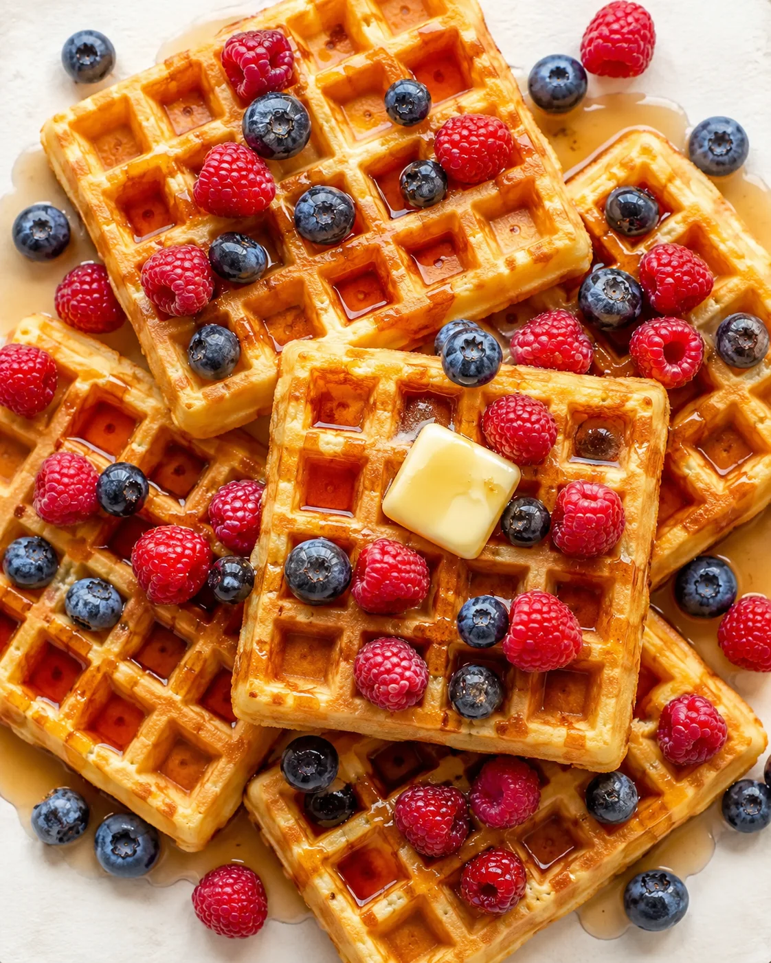 Close-up of golden waffles topped with butter, raspberries and blueberries with syrup.