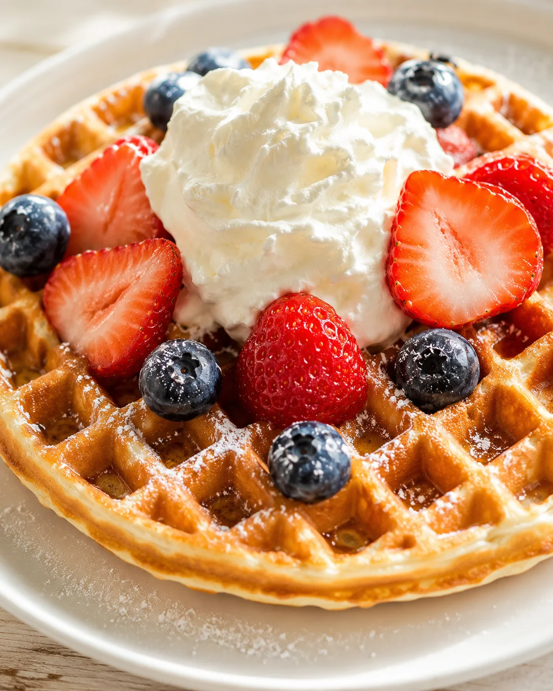Golden waffle topped with whipped cream and fresh strawberries and blueberries.
