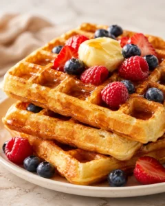 Stack of golden waffles topped with melted butter and fresh berries on a white plate.