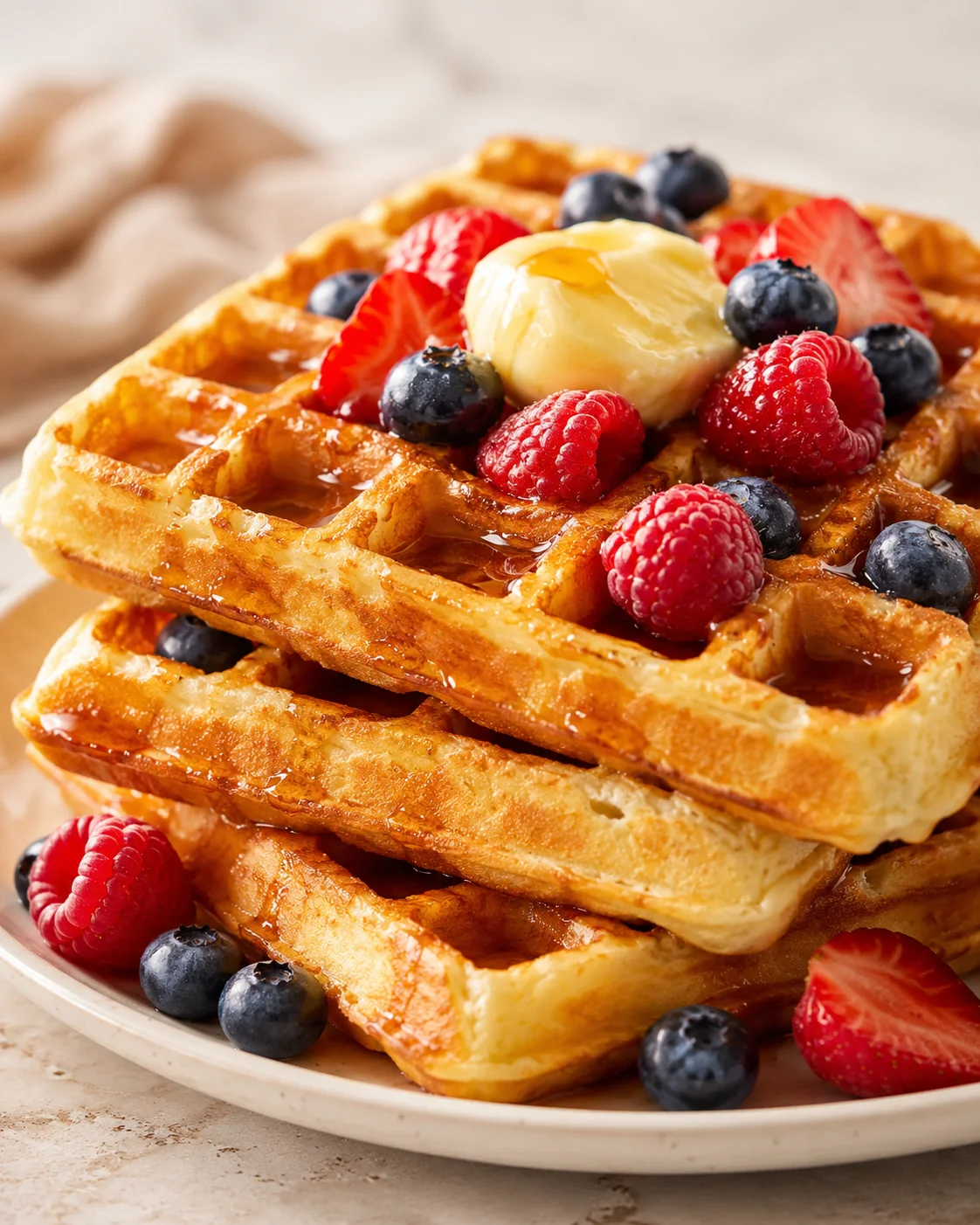 Stack of golden waffles topped with melted butter and fresh berries on a white plate.