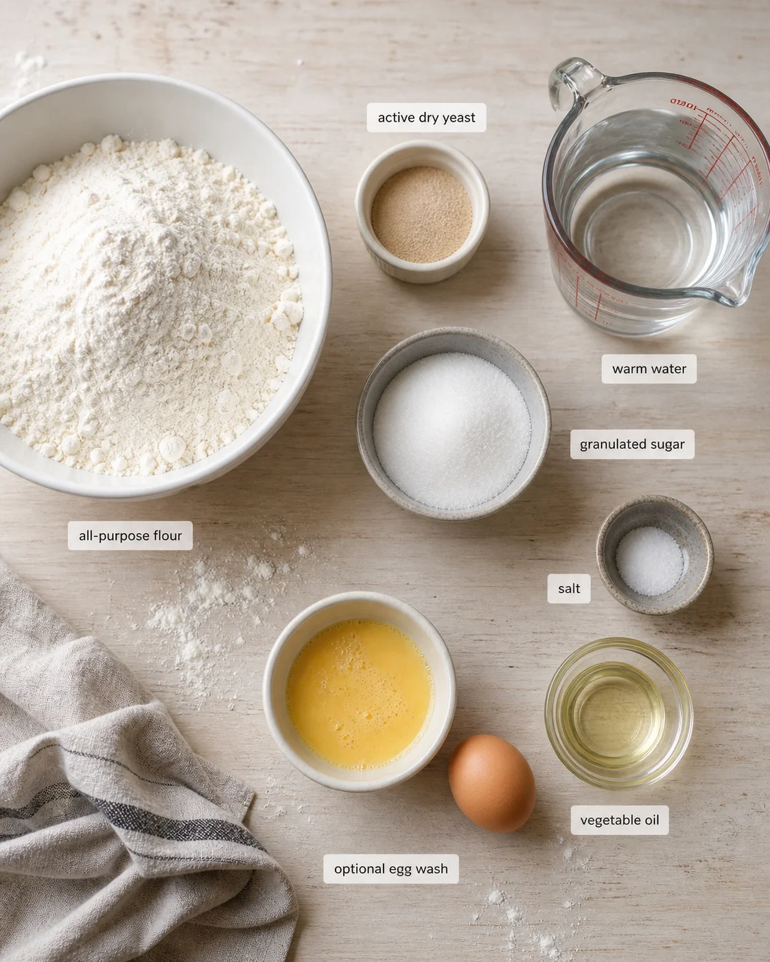 Top-down layout of bread ingredients with labeled bowls: flour, yeast, water, sugar, salt, egg, oil