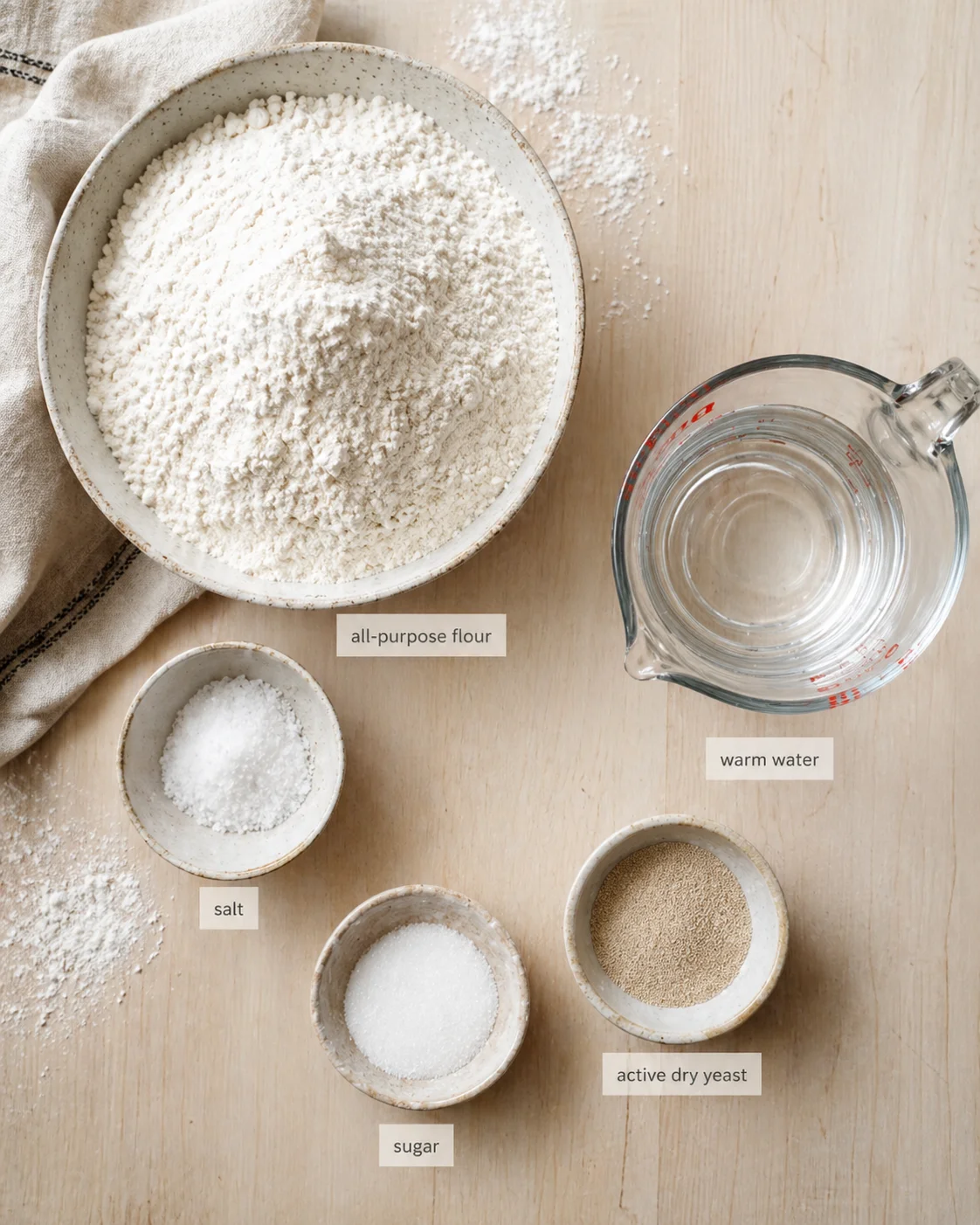 Overhead view of flour mound, water jug, and labeled ingredients on a wooden surface.