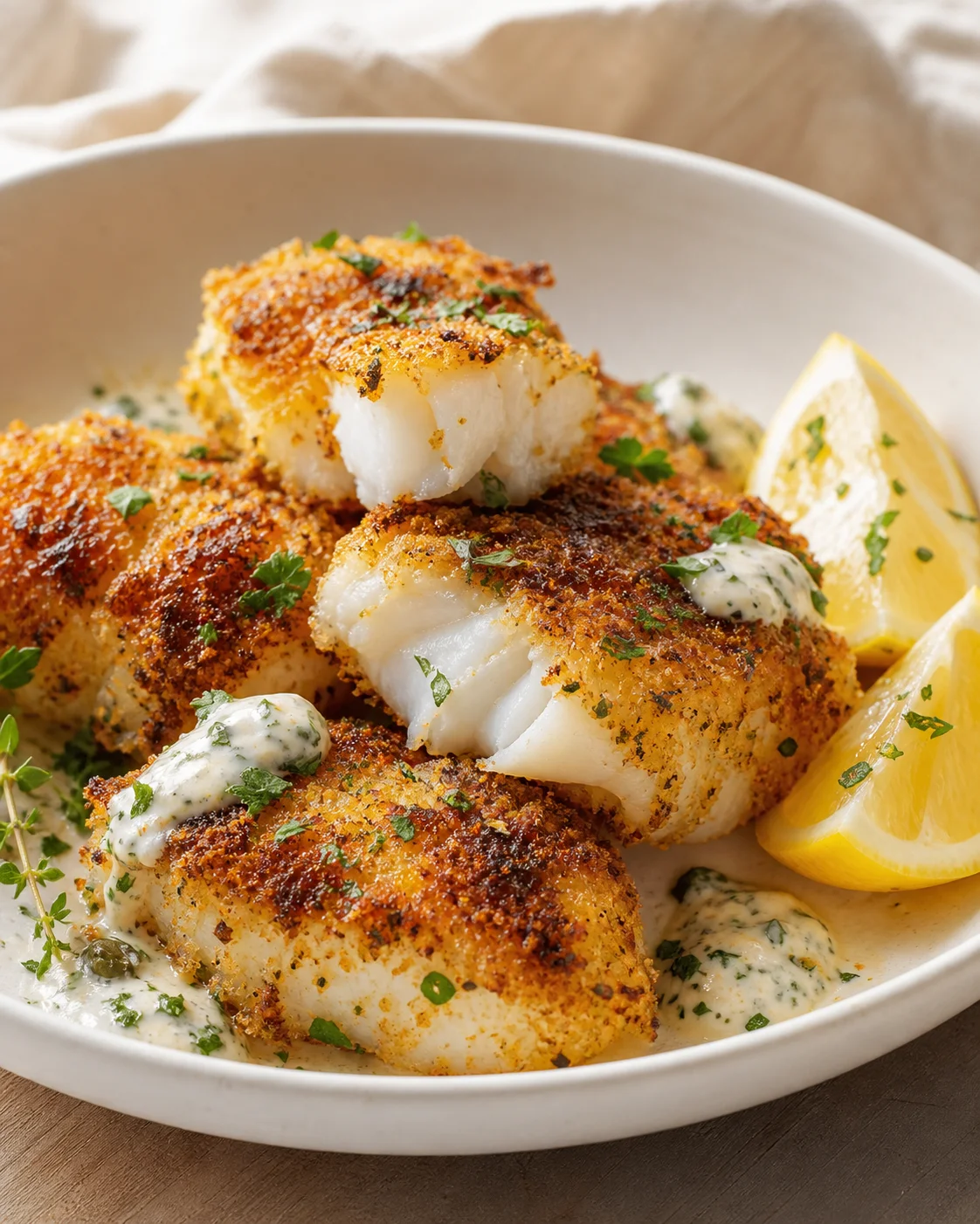 Golden-brown breadcrumb-crusted white fish fillets with lemon wedges and herb butter on a white plate