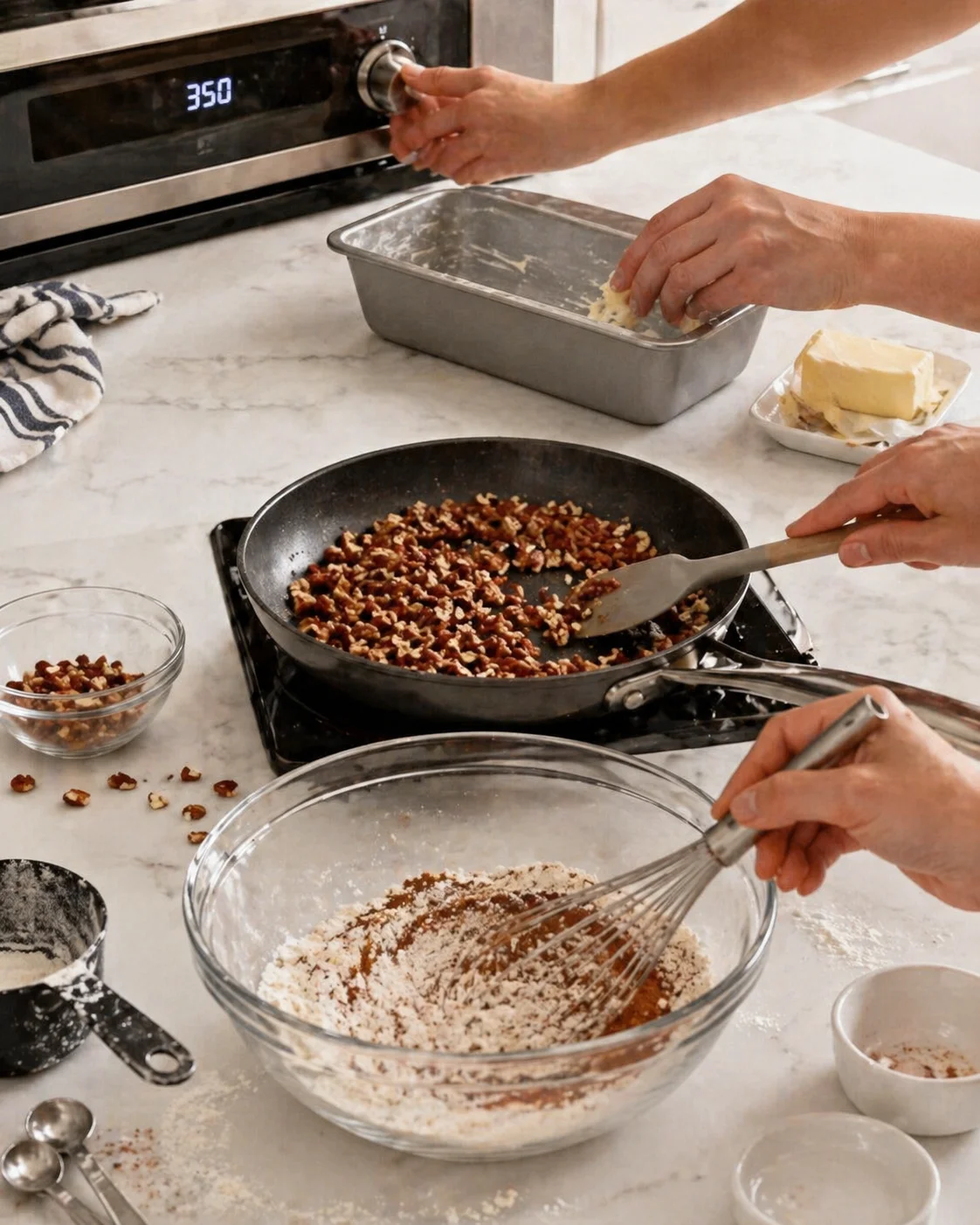 Two hands active in a bright kitchen, browning nuts in a skillet.
