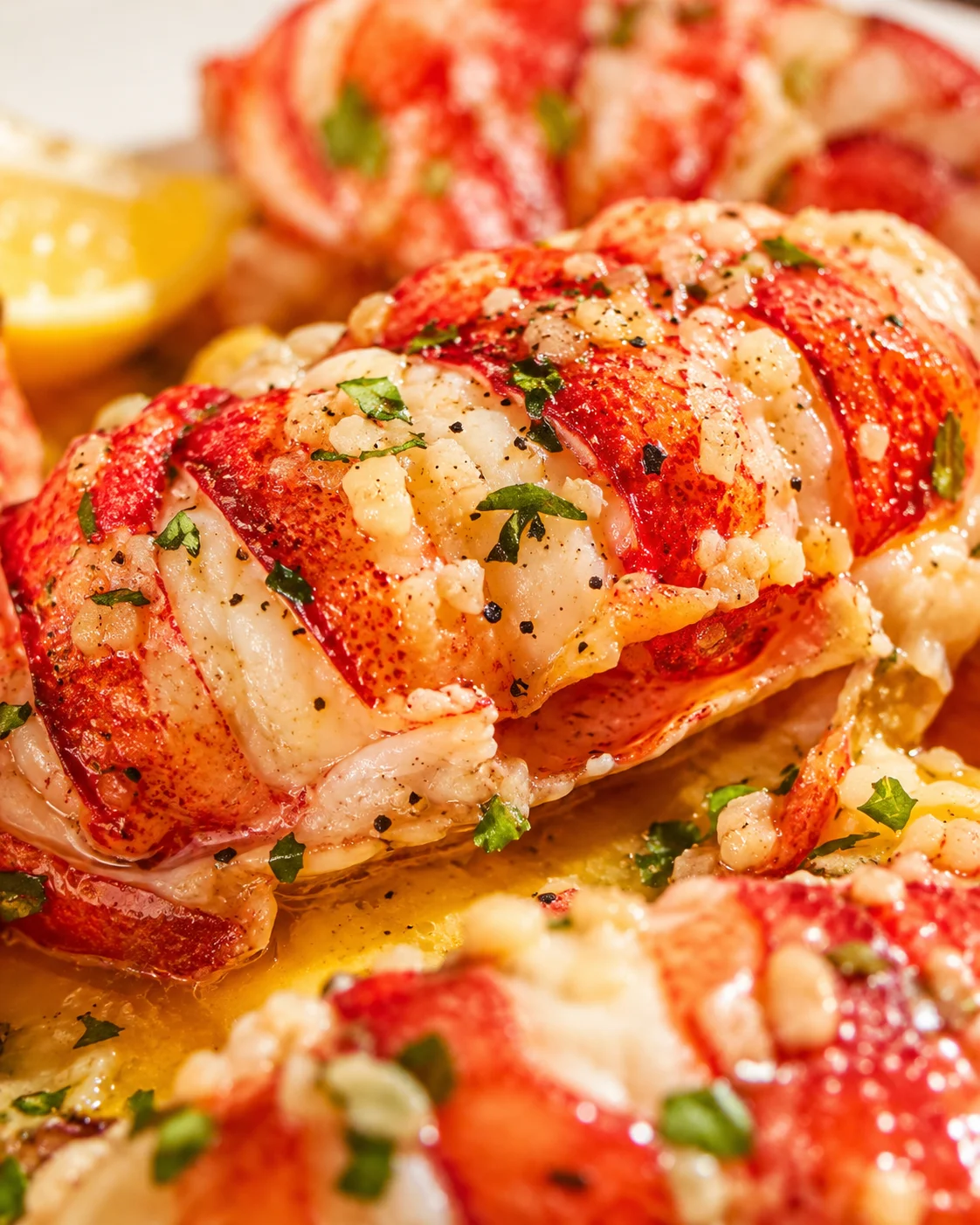 close-up of lobster tails in garlic butter, garnished with parsley.