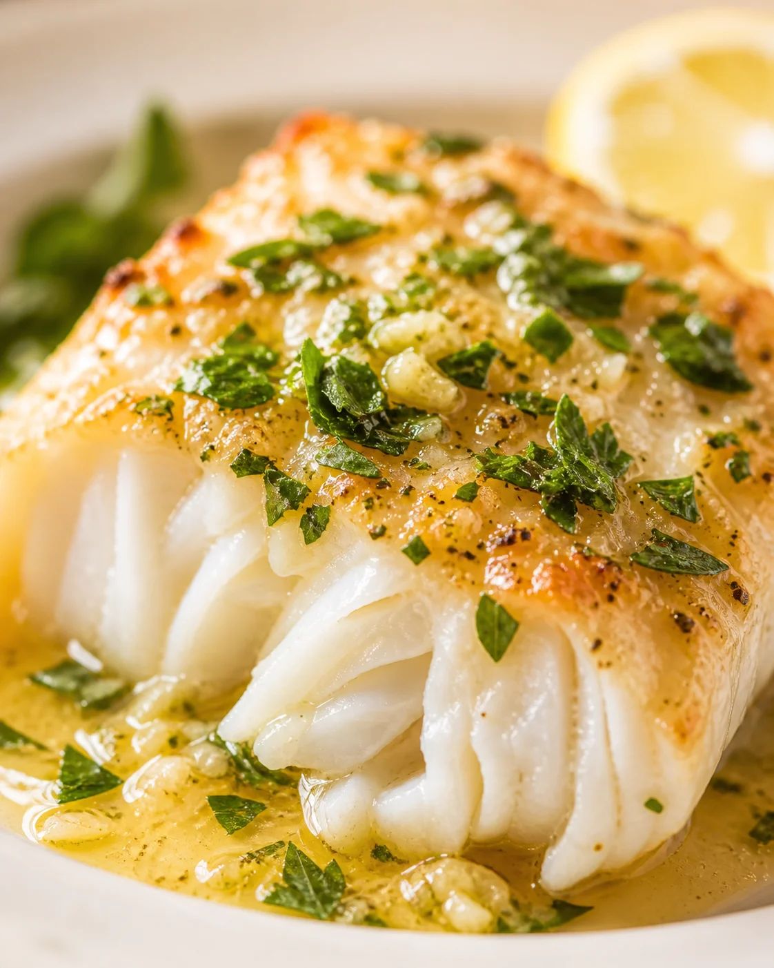 Flaky white fish fillet in golden lemon-butter sauce, topped with parsley and a lemon wedge in the background.