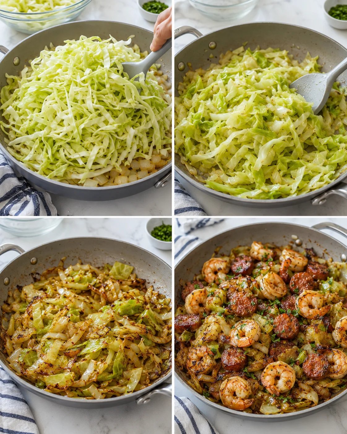 Collage showing cabbage sauté across four steps: raw onions and cabbage, cooking, then shrimp and sausage added.