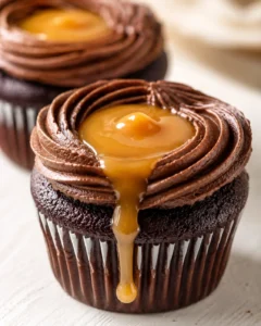 Close-up of a chocolate cupcake with caramel center oozing over the frosting.