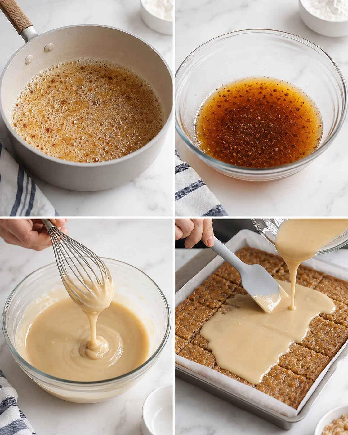 collage of step-by-step: caramel in a pot, glaze in bowl, whisked batter, and batter poured onto a baking pan.