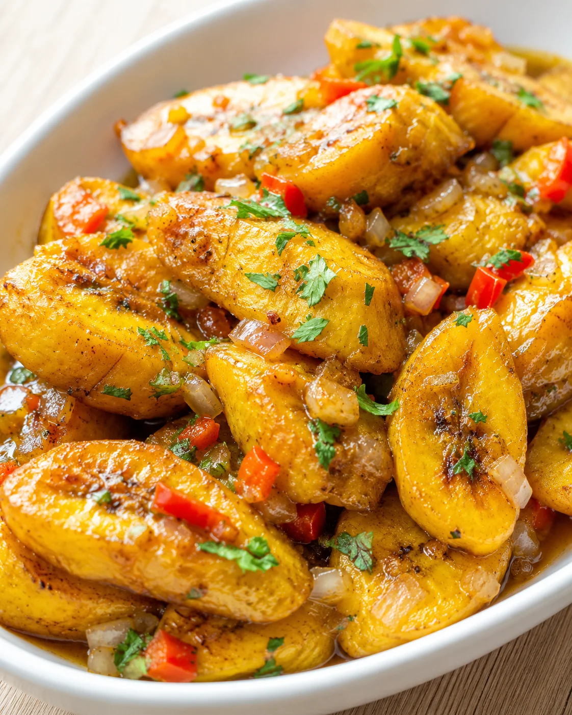 Golden-brown plantain slices in a savory sauce with onions, red peppers, and cilantro.