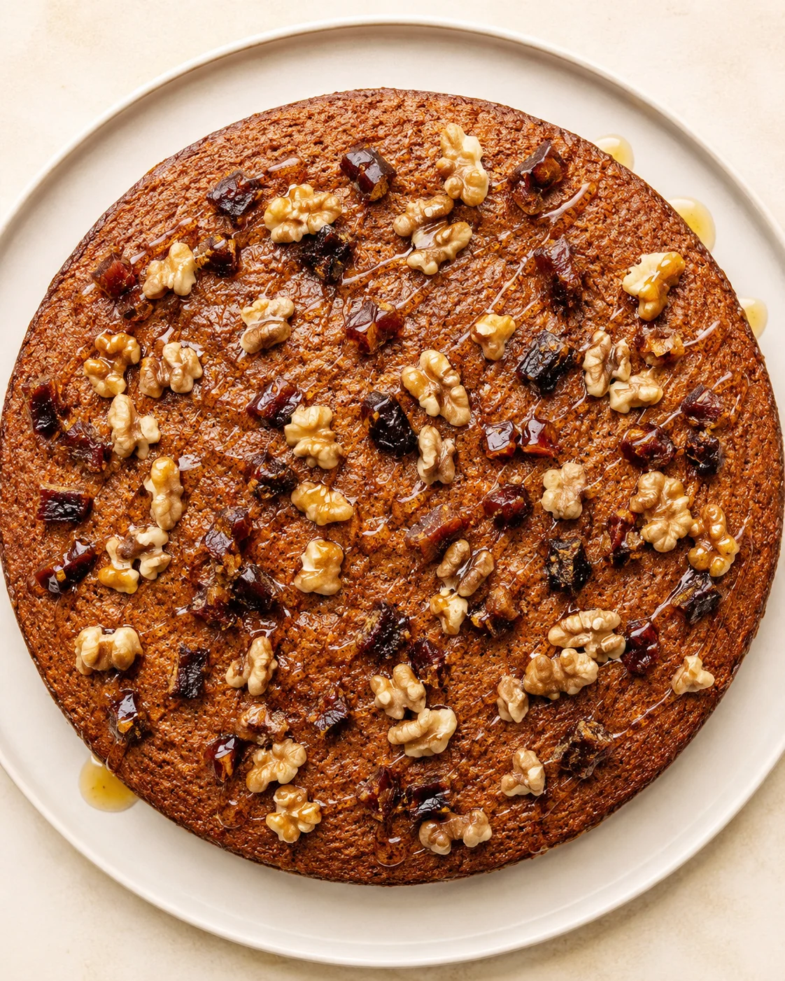 Round caramel-brown cake topped with walnuts and dried fruit on a white plate, lightly drizzled with glaze.