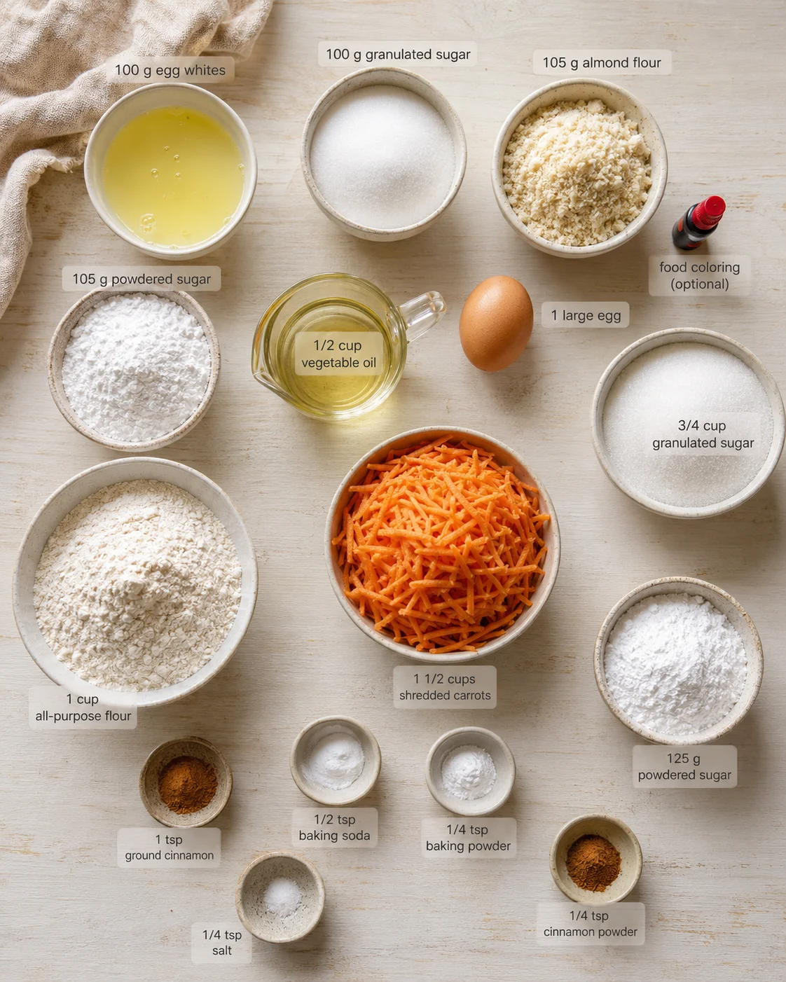 overhead view of labeled baking ingredients arranged around shredded carrots on a light wooden surface