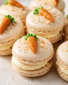 Close-up view of cream-filled macarons topped with tiny carrot decorations and green leaves.
