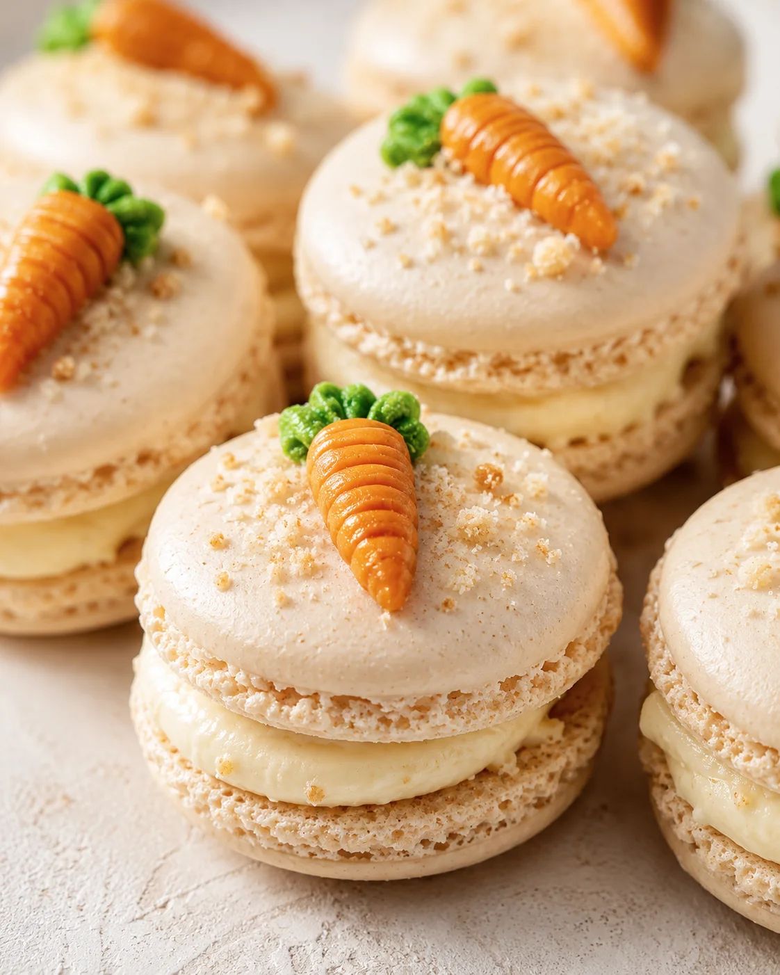 Close-up view of cream-filled macarons topped with tiny carrot decorations and green leaves.