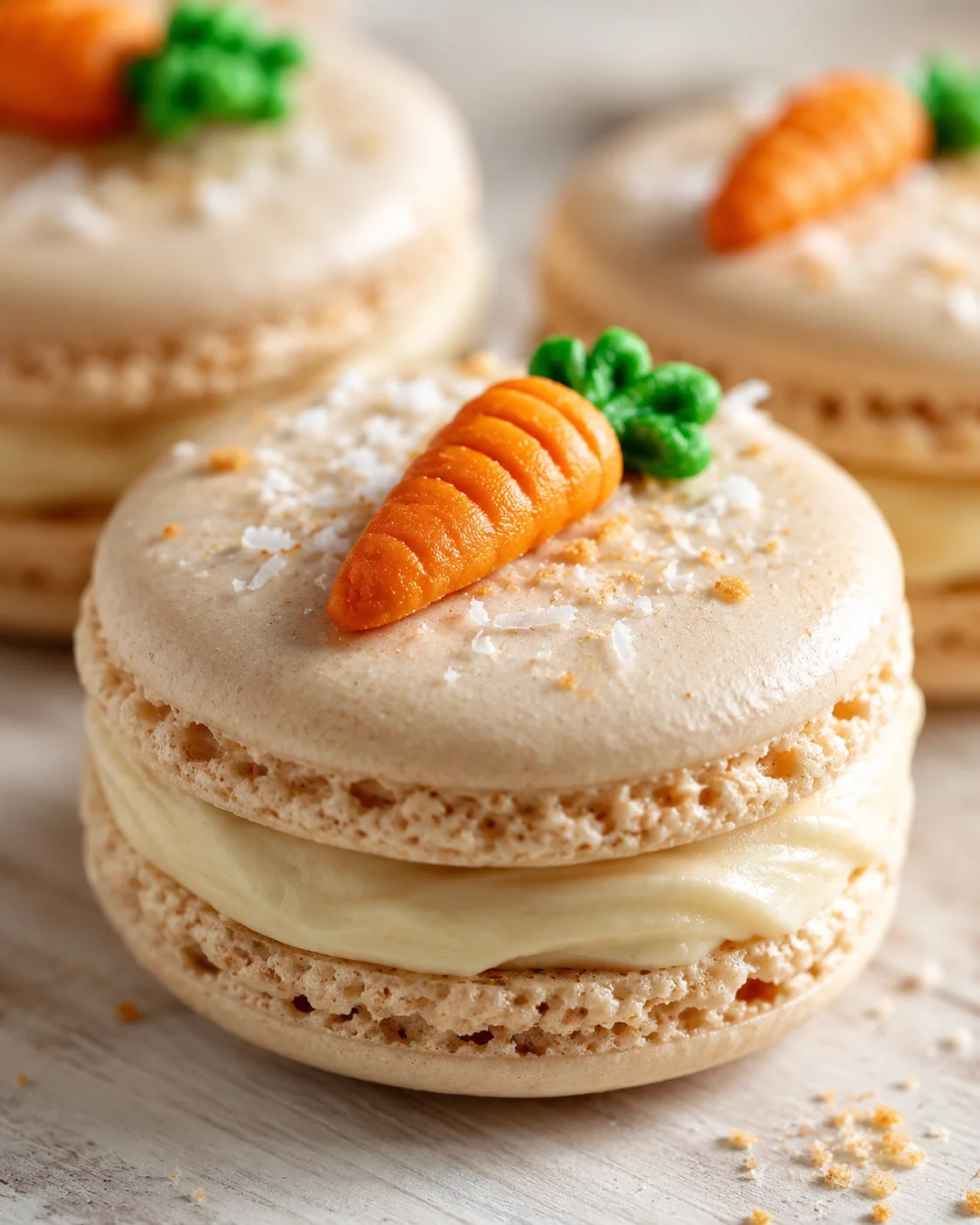 Beige macarons with creamy filling, topped with an orange carrot and green leaves, sprinkled with coconut flakes.