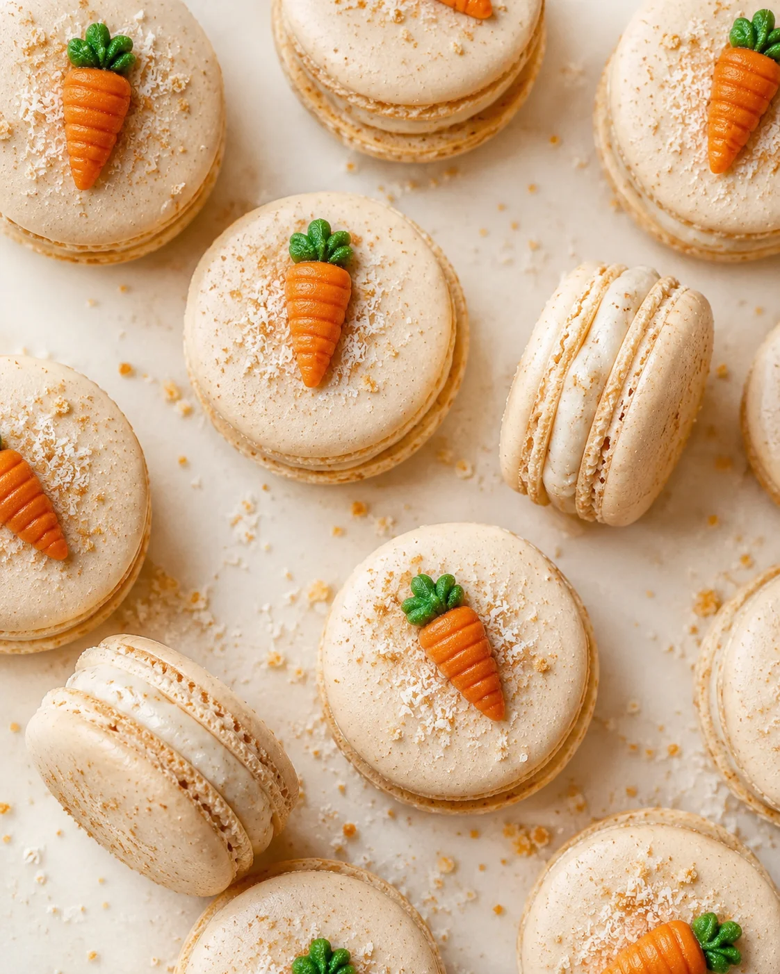 Cream-colored macarons topped with orange carrot decorations and green leaves on a light background.