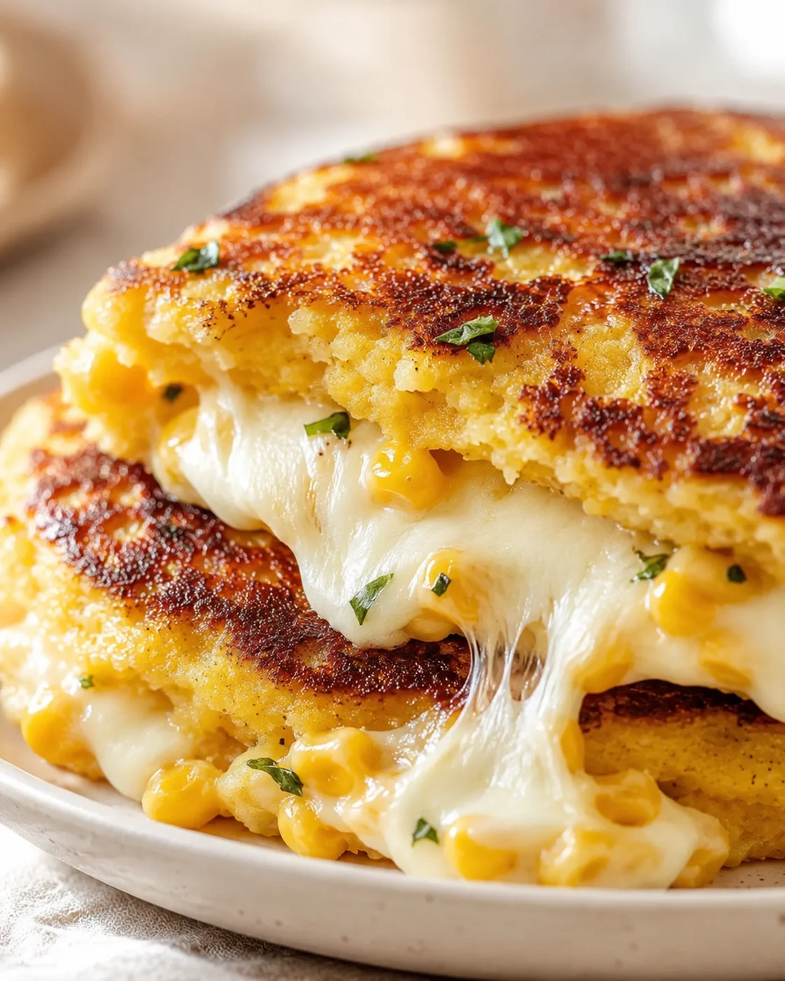 close-up of a golden-brown crispy corn cake with gooey cheese and parsley