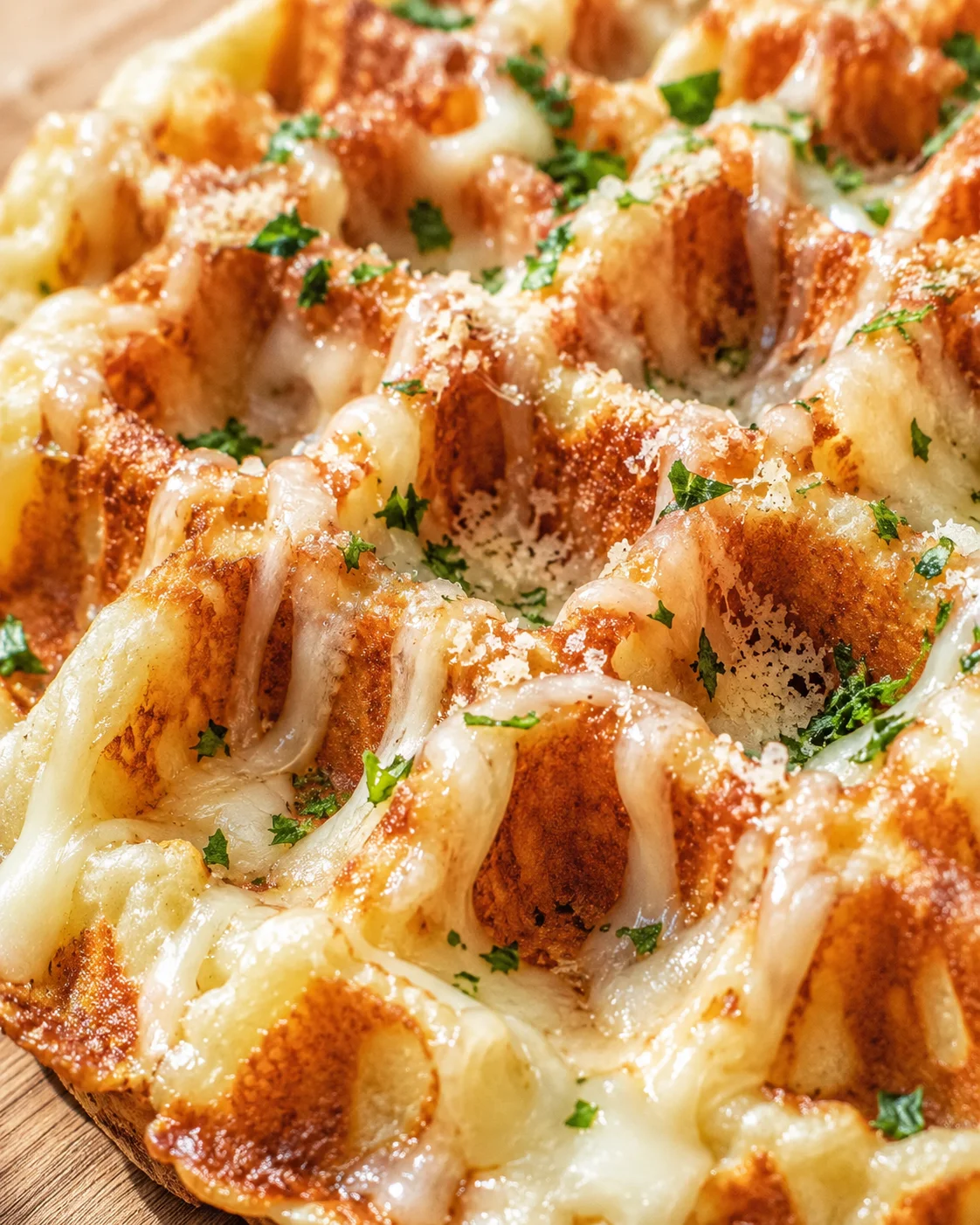 Close-up of a golden-brown cheesy pull-apart bread topped with parsley flakes.