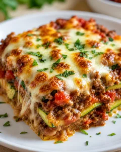 Close-up of a cheesy zucchini lasagna slice with bubbling sauce and parsley on a white plate.