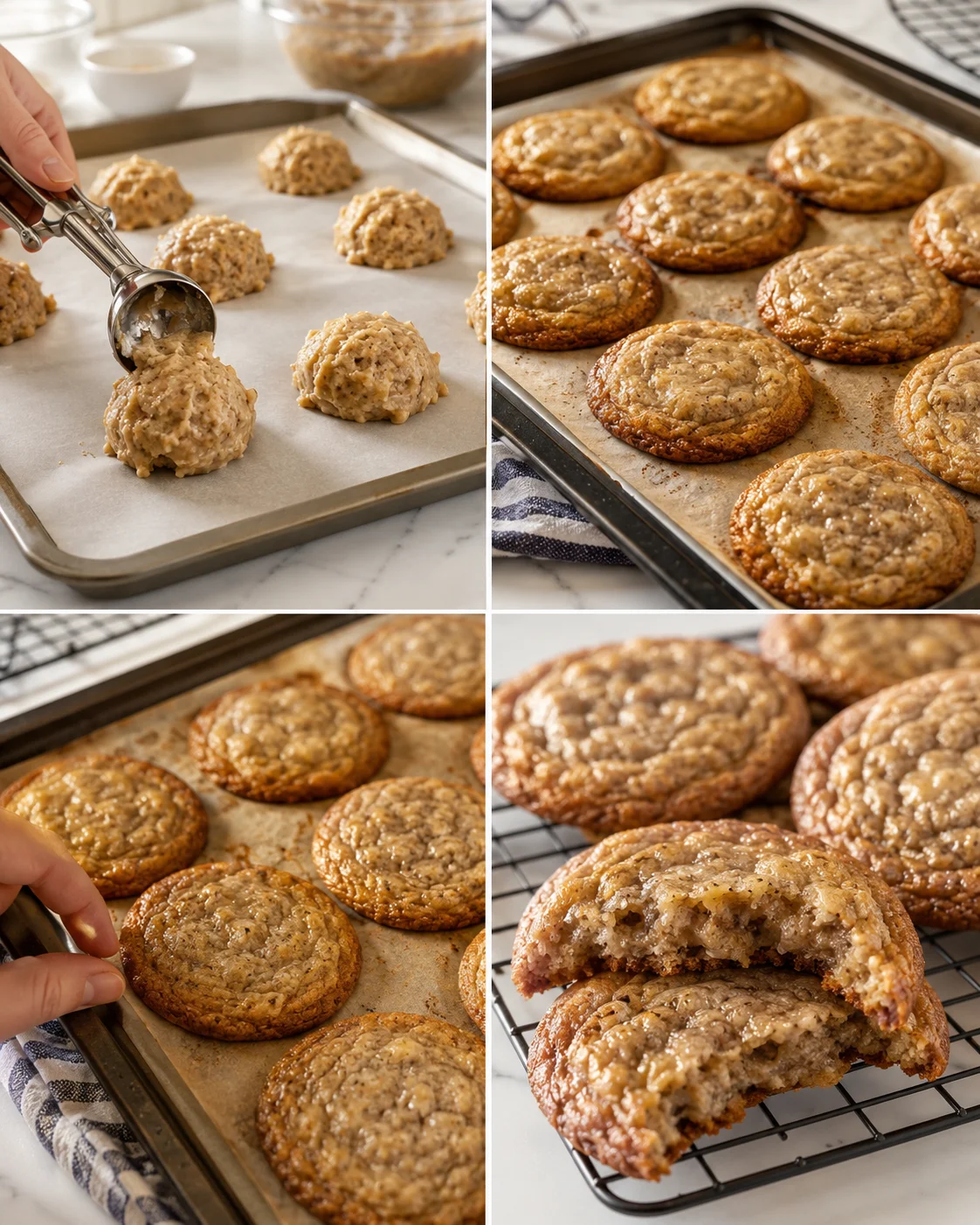 collage showing hand-piped cookie dough and baked oatmeal cookies on trays