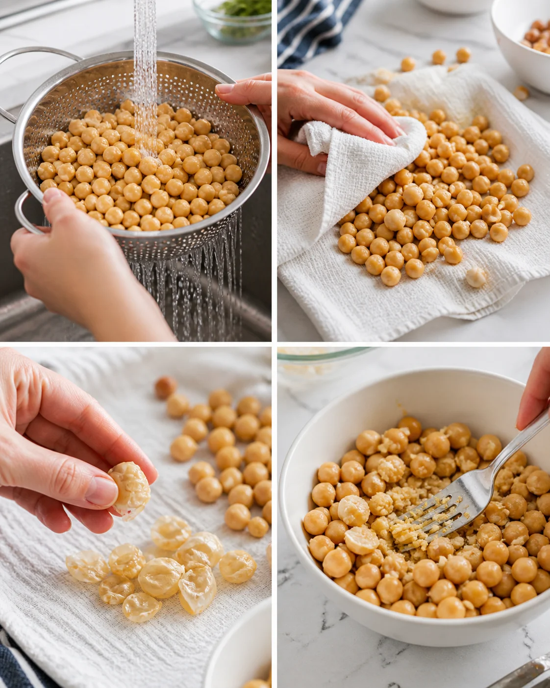 four-panel collage of chickpeas being rinsed, dried, peeled, and mashed.