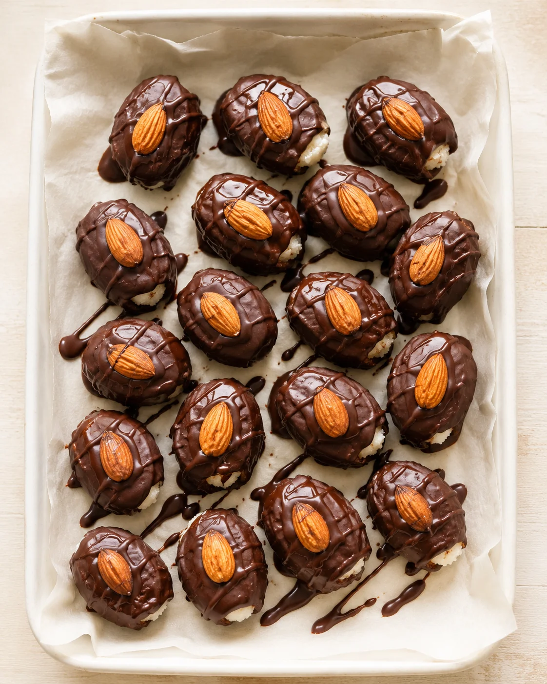 Tray of glossy chocolate-almond truffles arranged on parchment-lined baking sheet.