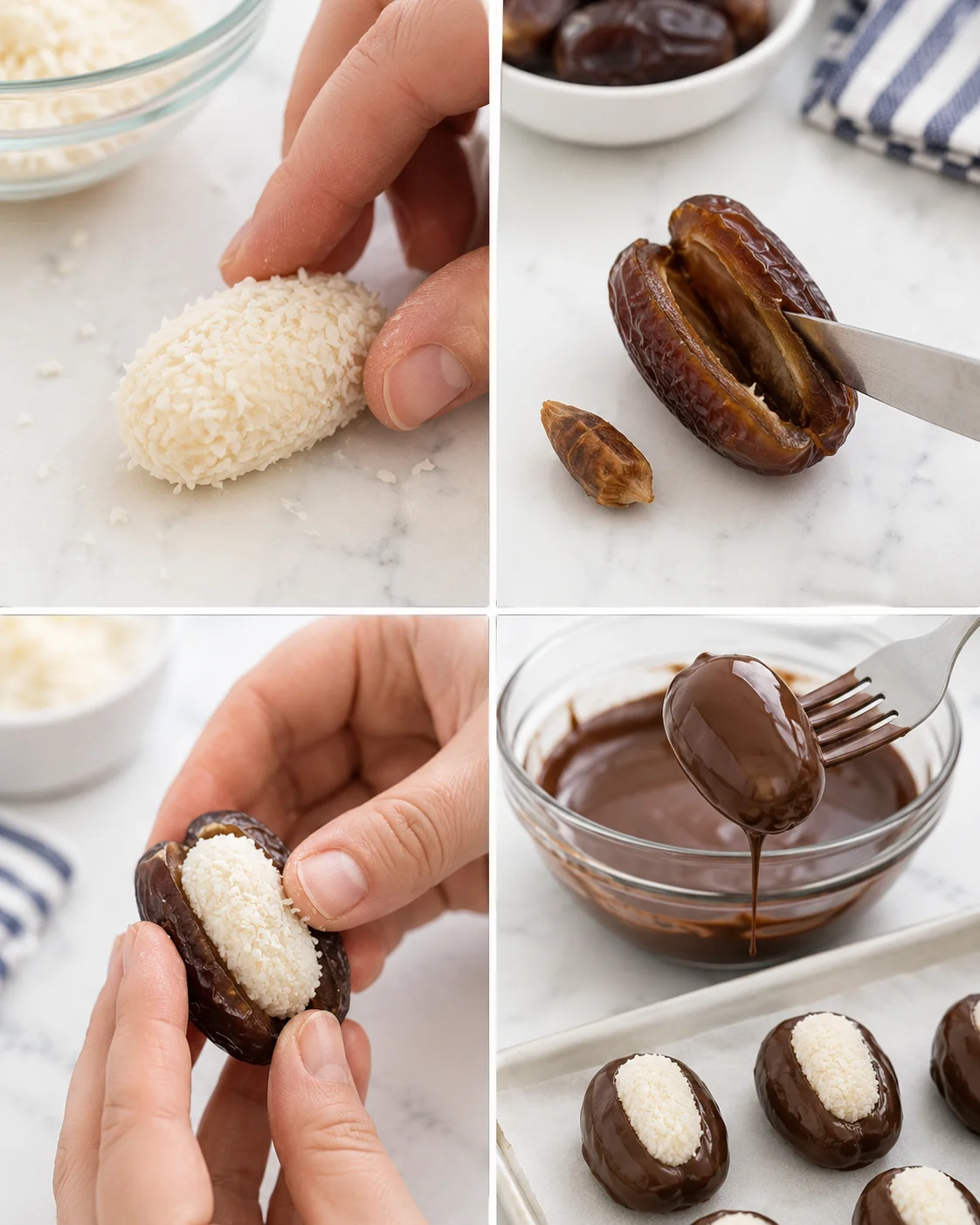 collage of hands preparing coconut-coated dates, slicing a date, and dipping treats into melted chocolate on a marble surface.