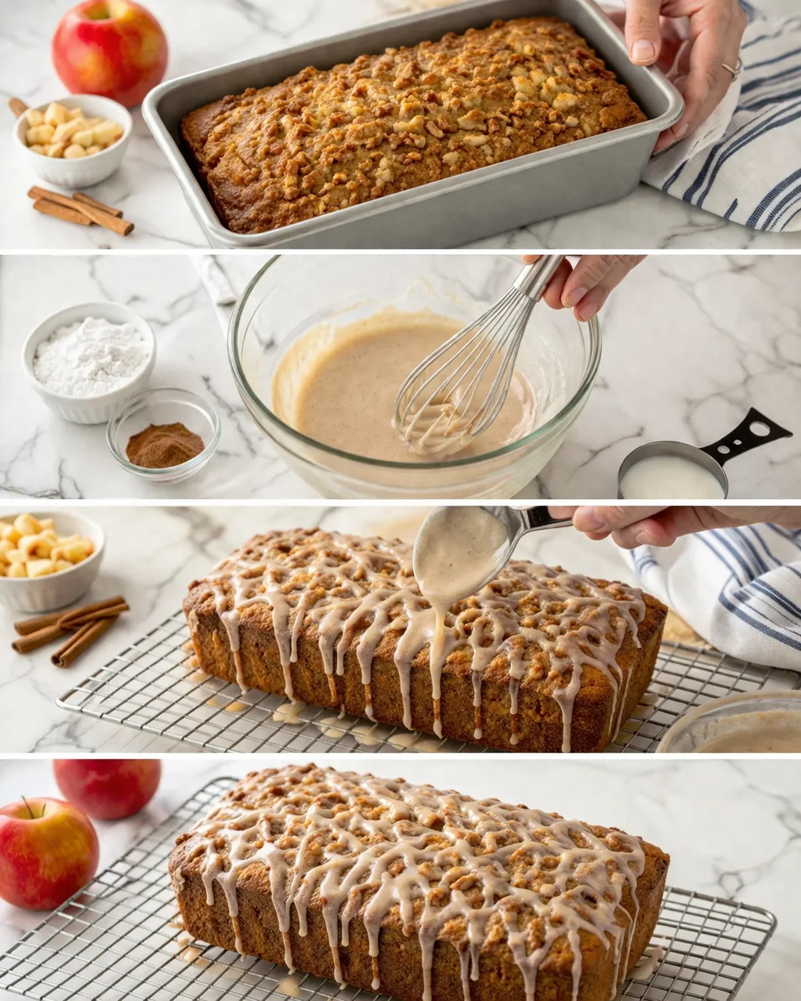 Step-by-step collage of apple-walnut loaf being mixed, glazed, and cooled on a marble counter.
