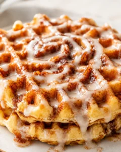 Close-up of piled cinnamon-roll waffles draped in white icing, with cinnamon specks.