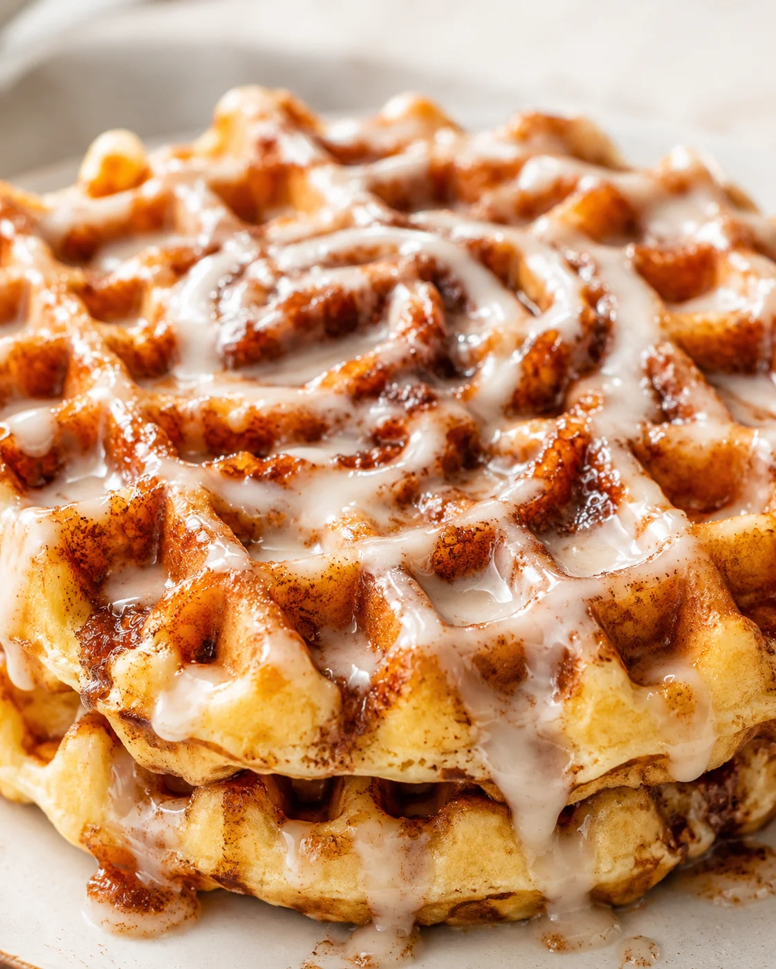 Close-up of piled cinnamon-roll waffles draped in white icing, with cinnamon specks.