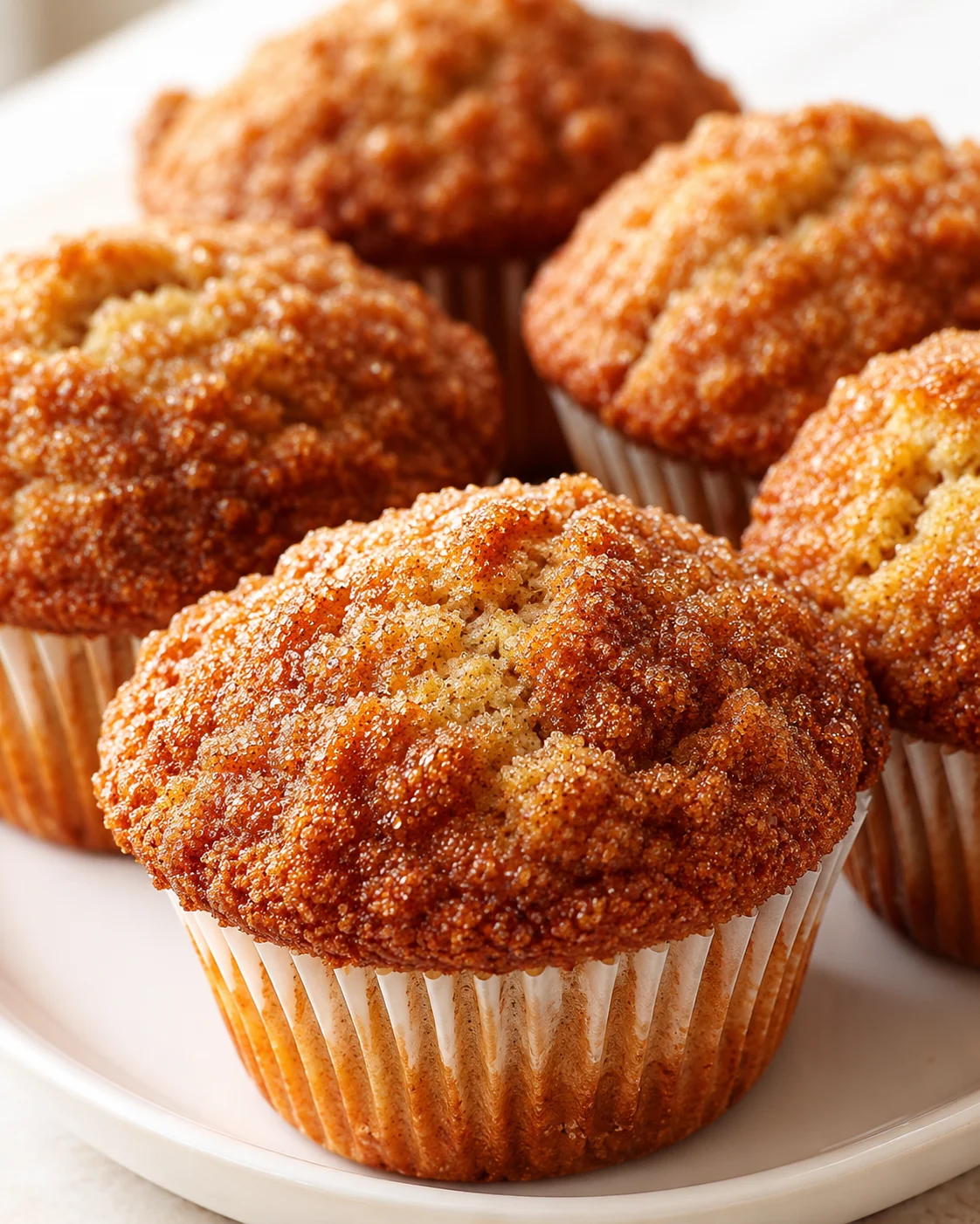 Close-up of golden-brown muffins with sugar-crystal tops on white liners