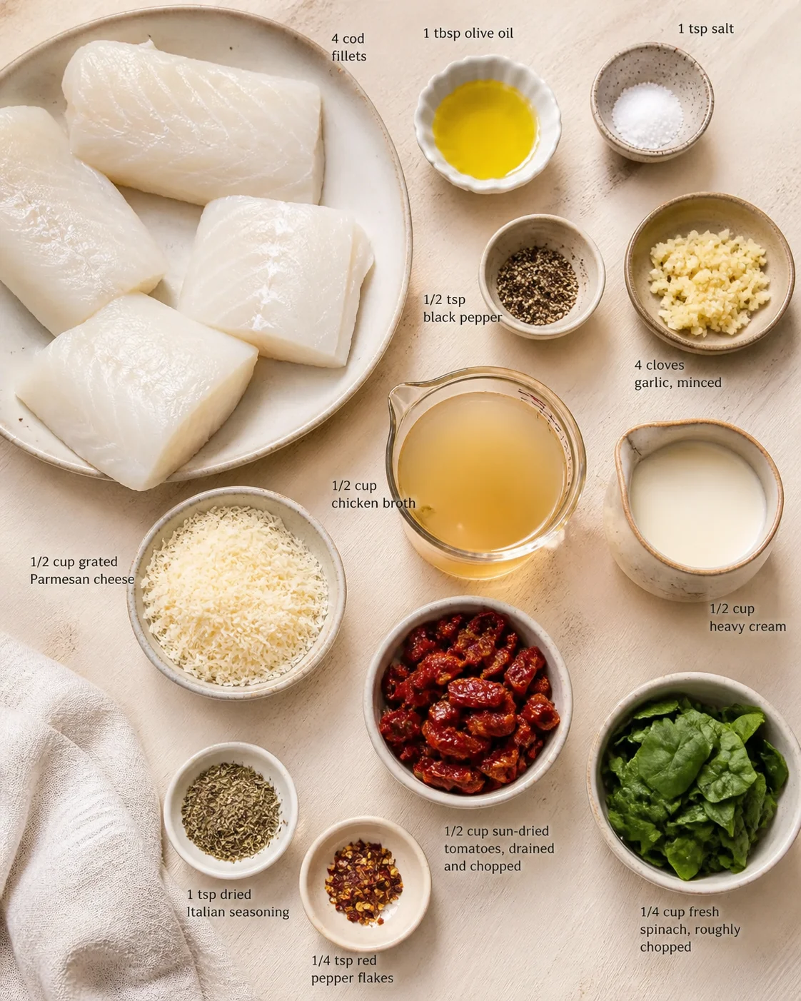 Top-down view of raw cod fillets with bowls of olive oil, garlic, salt, pepper, cheese, broth, cream, tomatoes, spinach, and spices.