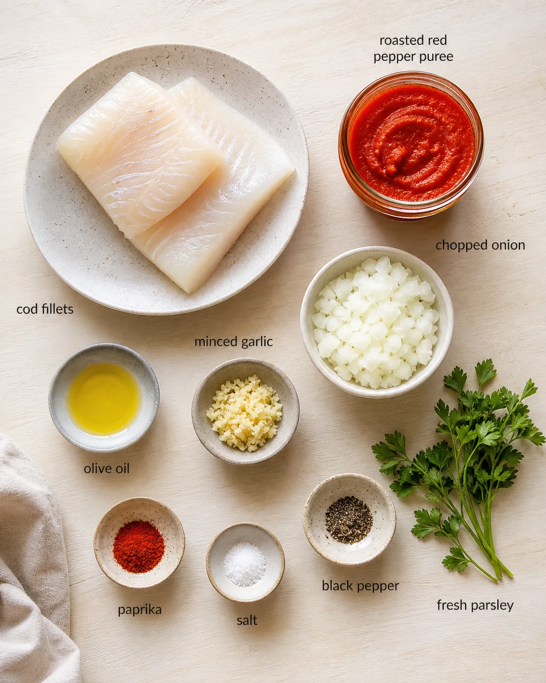 top-down view of cod fillets with pepper puree, onions, garlic, olive oil, and parsley.