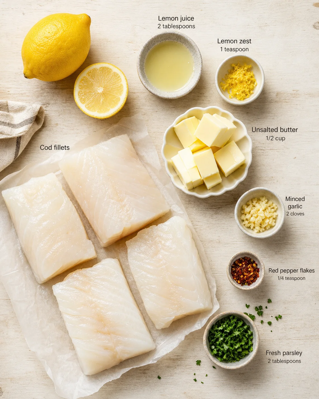 Flat lay of cod fillets with lemon, lemon juice, zest, butter, garlic, pepper flakes, and parsley on parchment