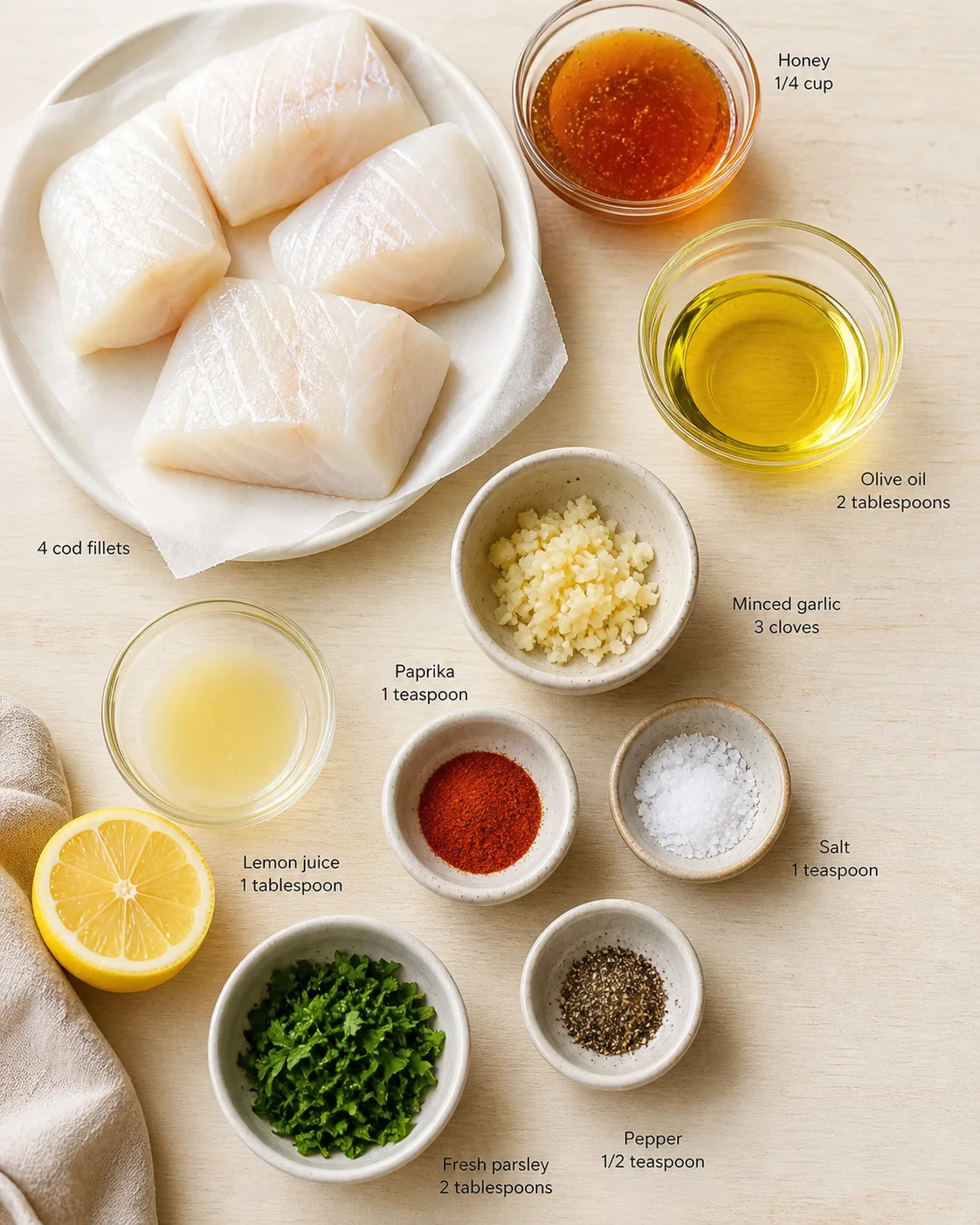 four cod fillets on parchment with bowls of honey, olive oil, lemon, garlic, parsley and spices