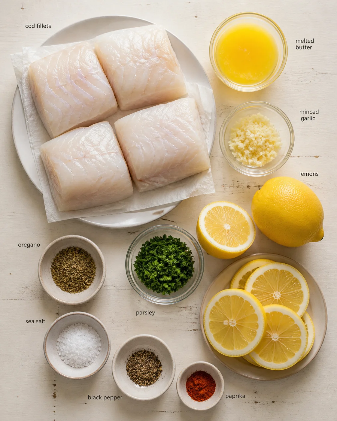 top-down view of four cod fillets on parchment with melted butter, garlic, lemons, and herbs.