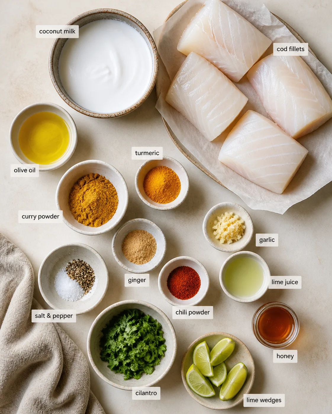 Overhead view of cod fillets with labeled spices, oils, lime, cilantro, and lime wedges on a light countertop.