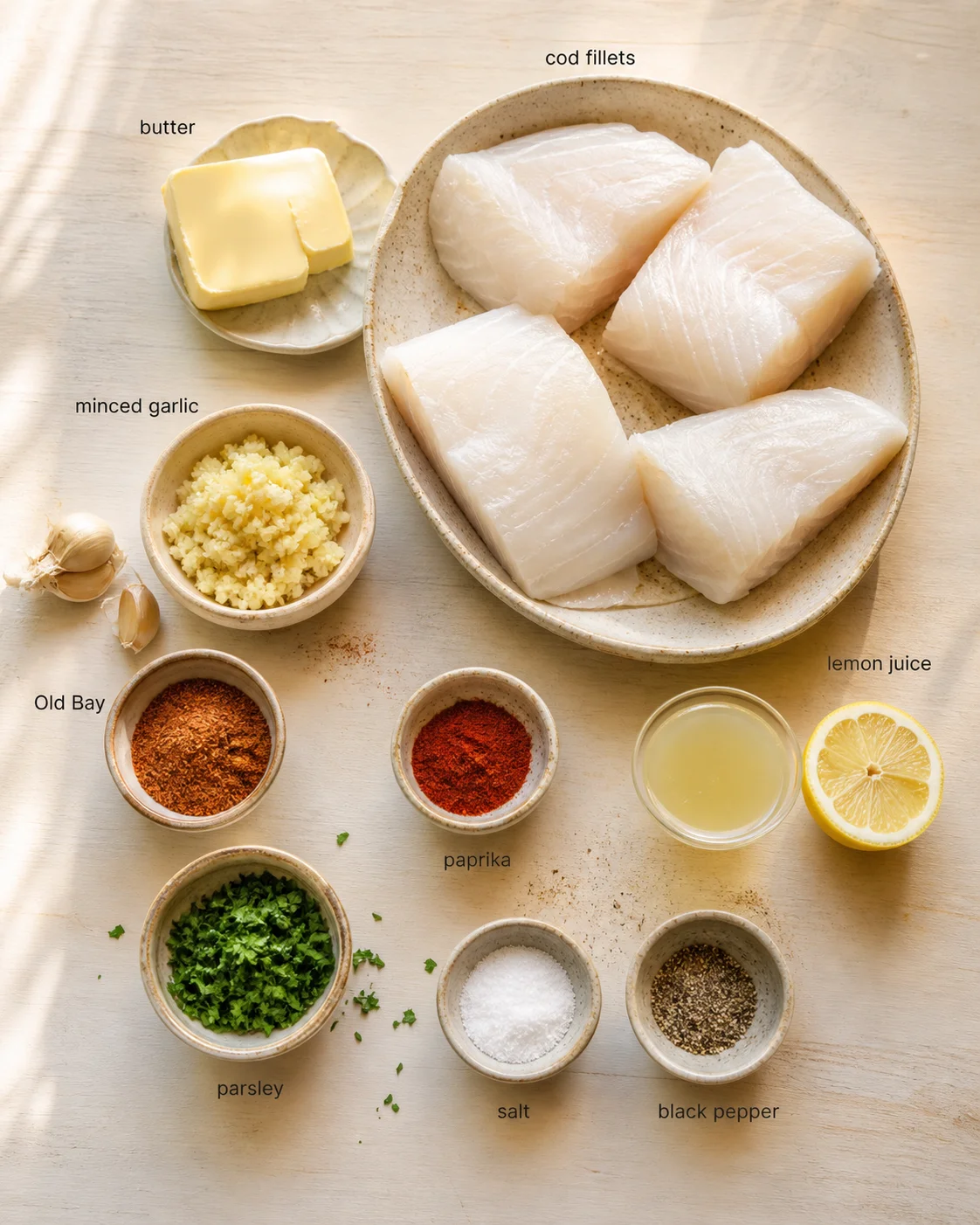 Top-down view of cod fillets with butter, garlic, spices, herbs, lemon, and juice.