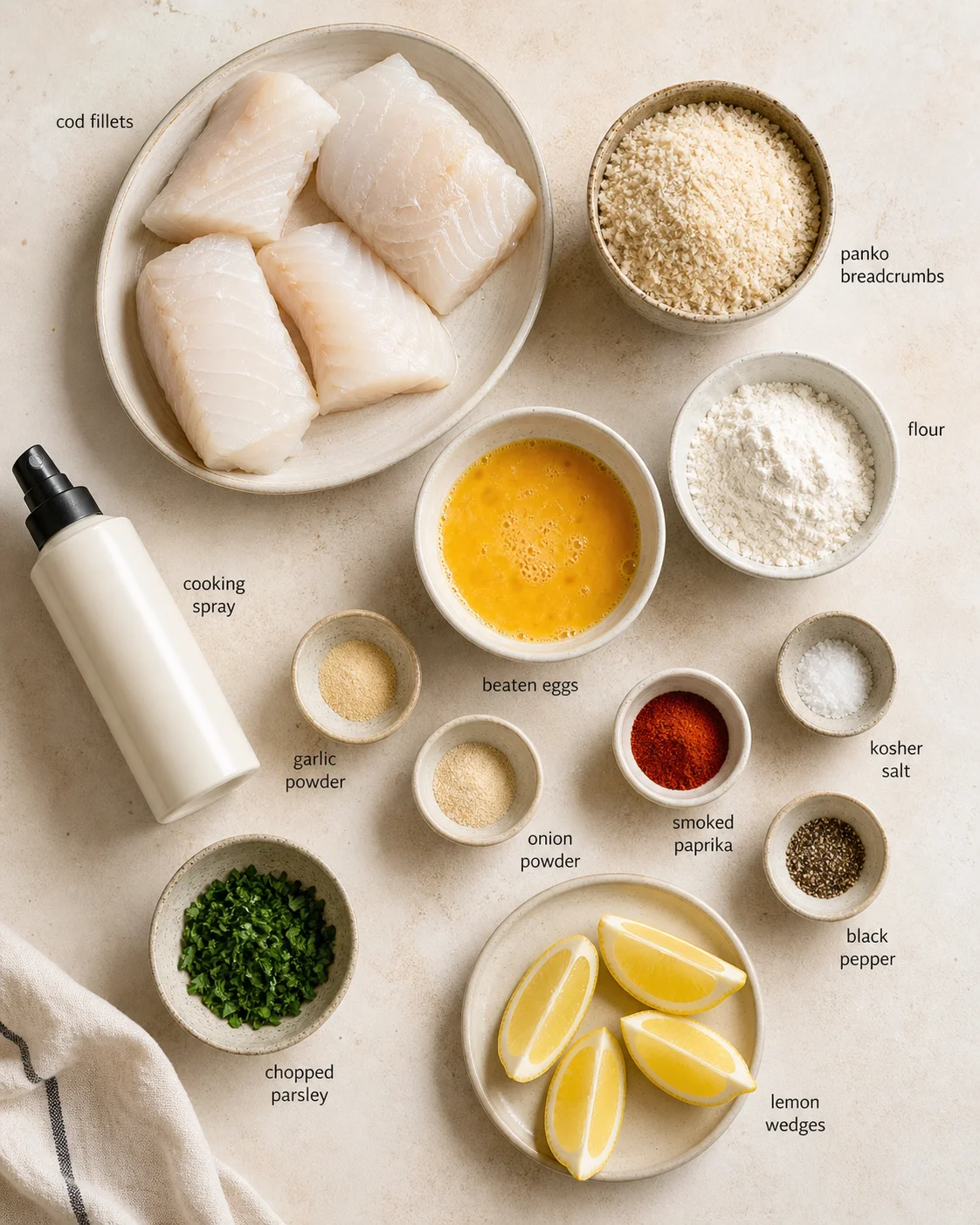 top-down view of cod fillets with beaten eggs, breadcrumbs, flour, spices, and lemon wedges