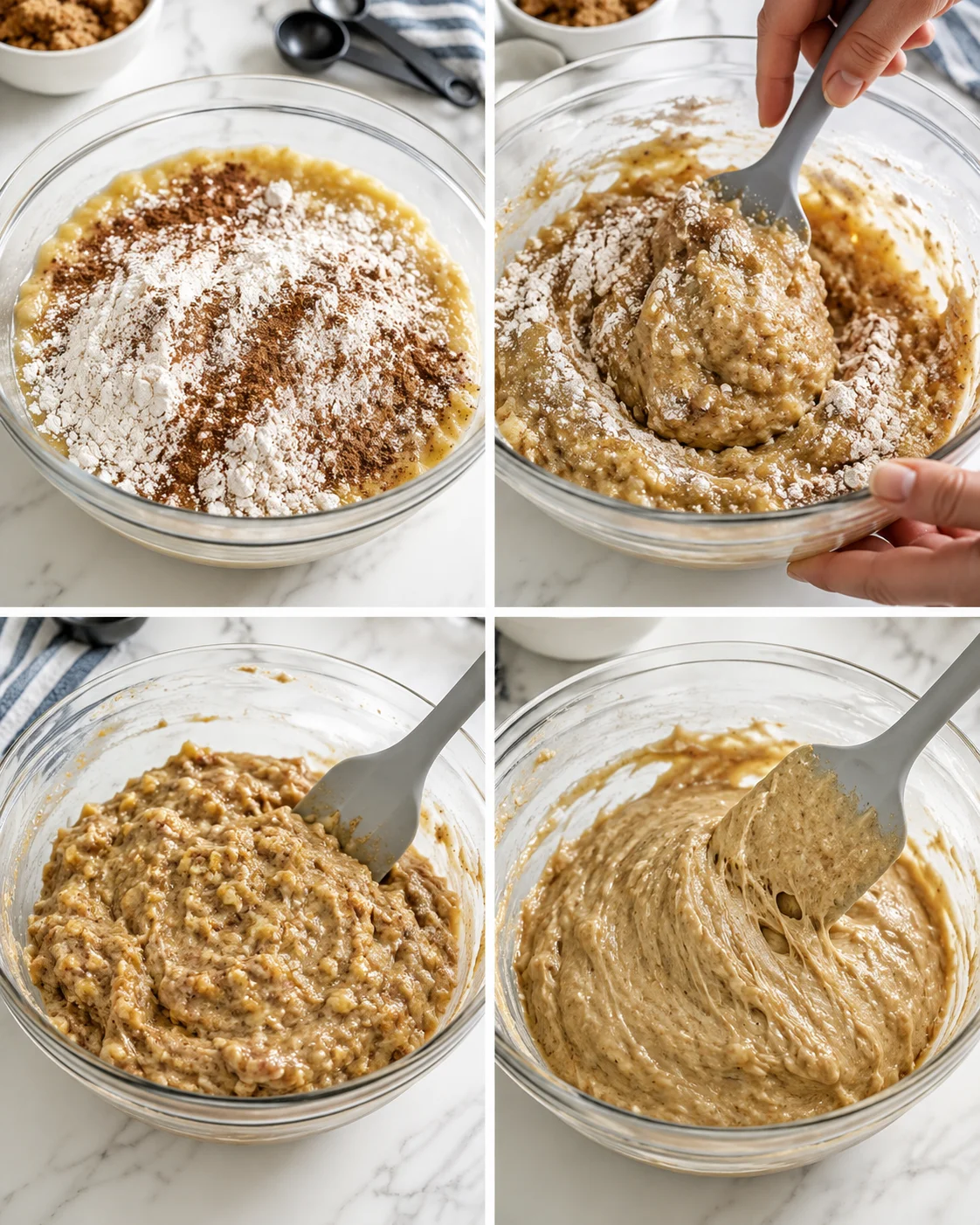 collage showing four bowls with batter at different mixing stages, on a marble countertop with a spatula