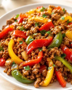 a close-up of ground beef with red, yellow, and green peppers and parsley on a white plate