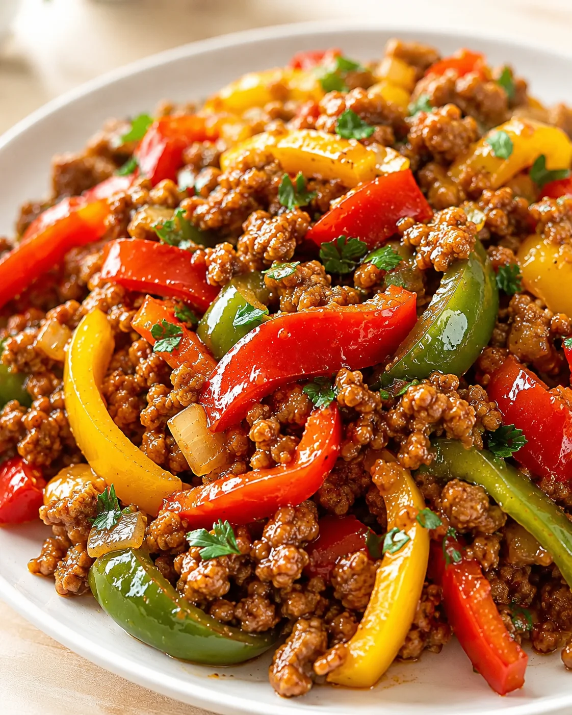 a close-up of ground beef with red, yellow, and green peppers and parsley on a white plate
