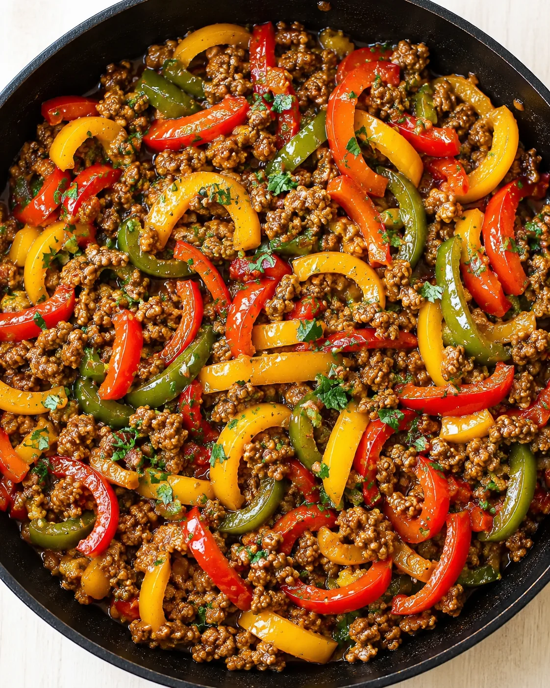 Skillet with browned ground beef and colorful bell peppers, garnished with herbs
