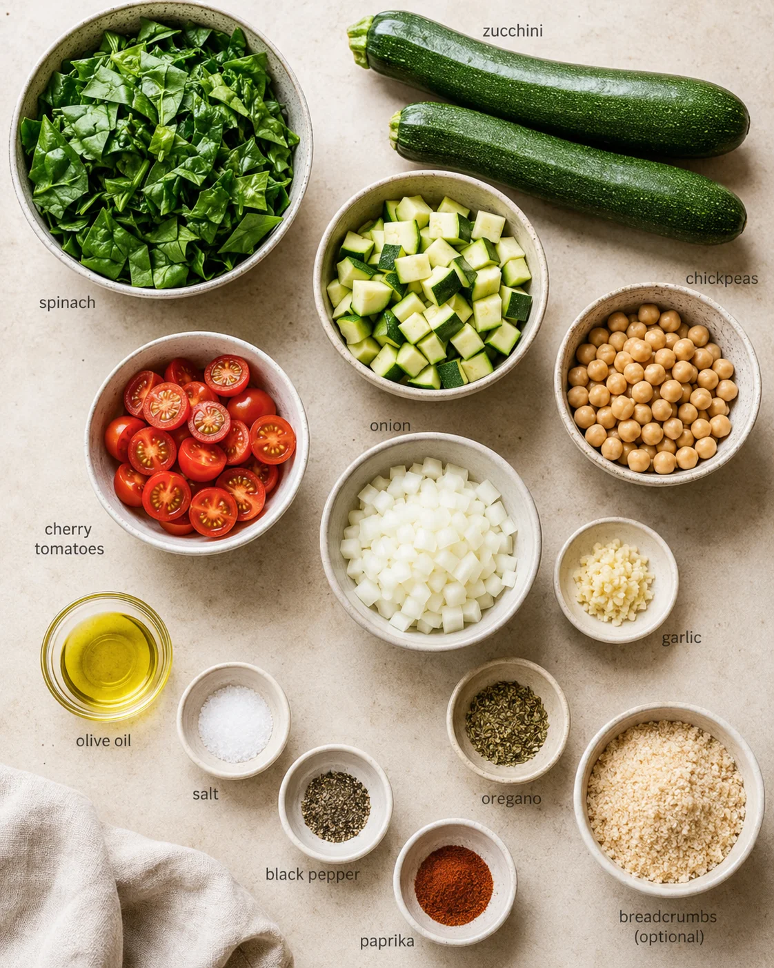 Top-down view of bowls with spinach, zucchini, tomatoes, onion, chickpeas, garlic, and spices on a beige countertop.