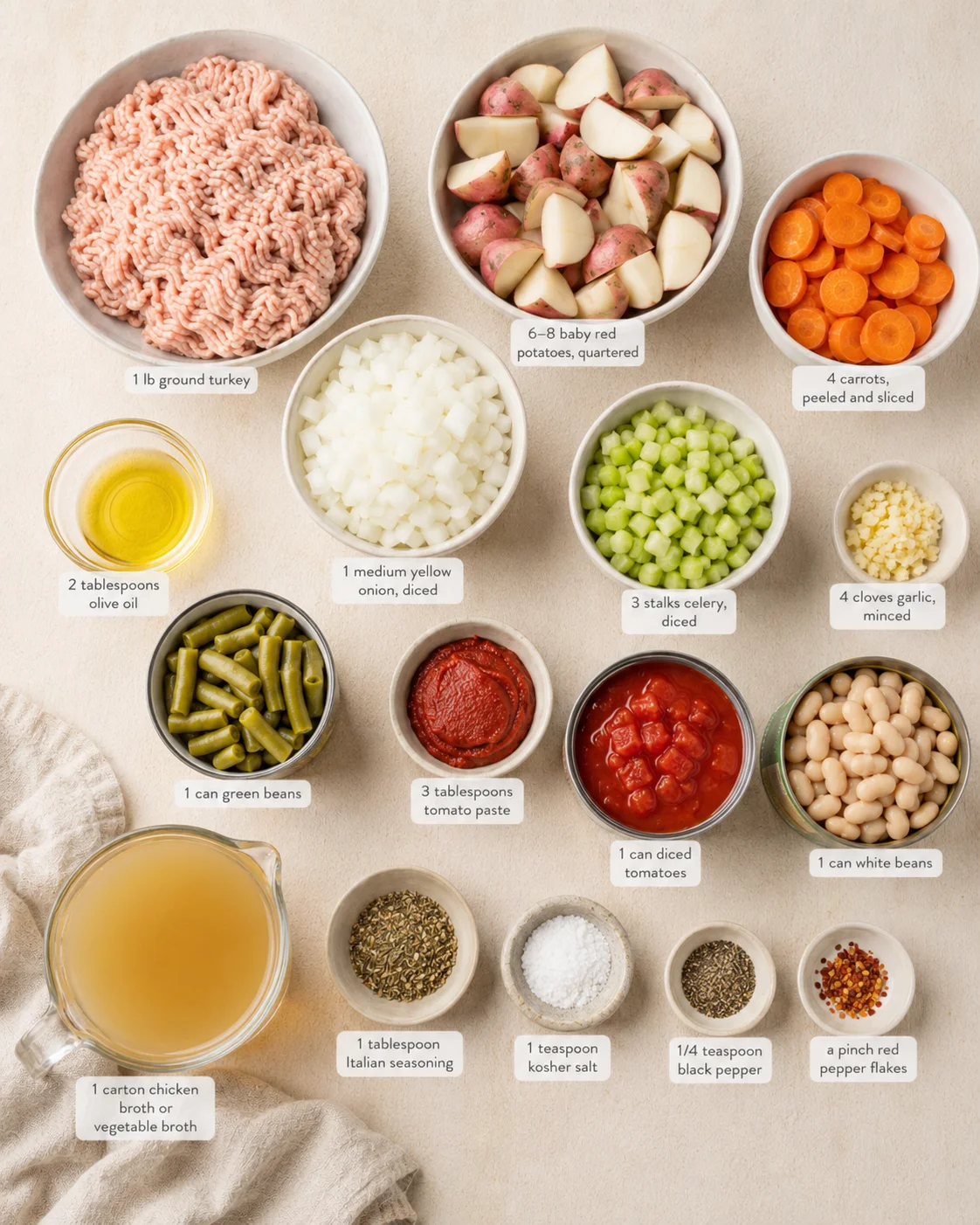 top-down view of organized bowls with ground turkey, potatoes, carrots, onions, celery, and canned beans, oil, and seasonings