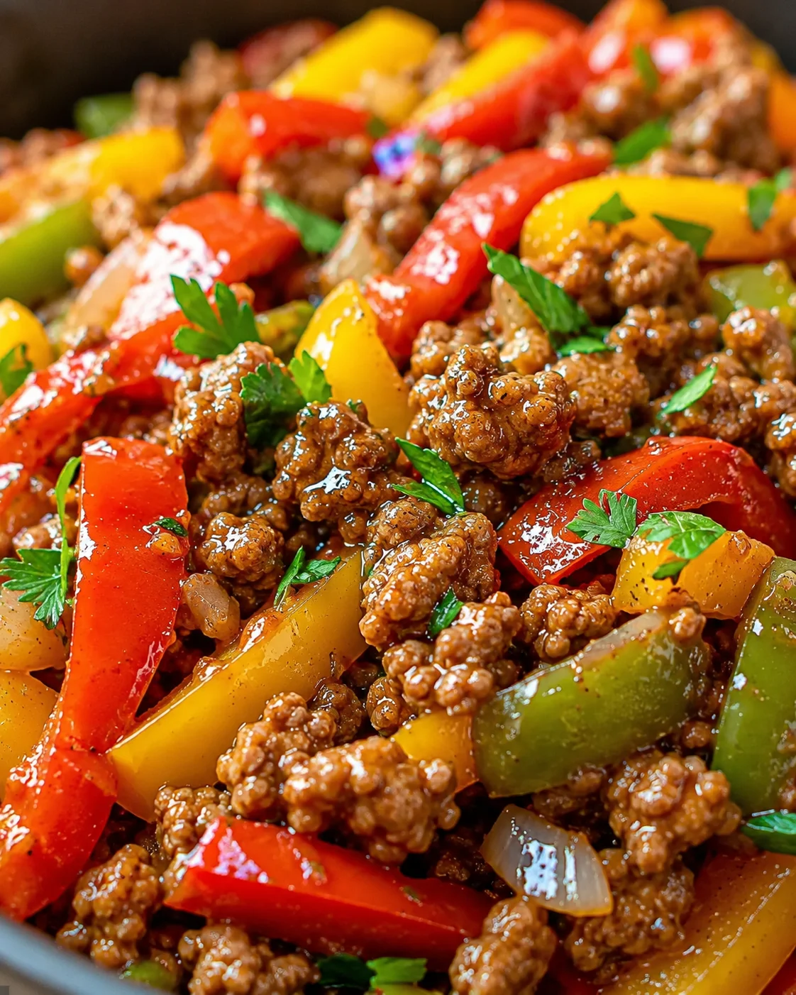 Close-up of glossy ground beef with red, yellow, and green bell peppers and parsley.